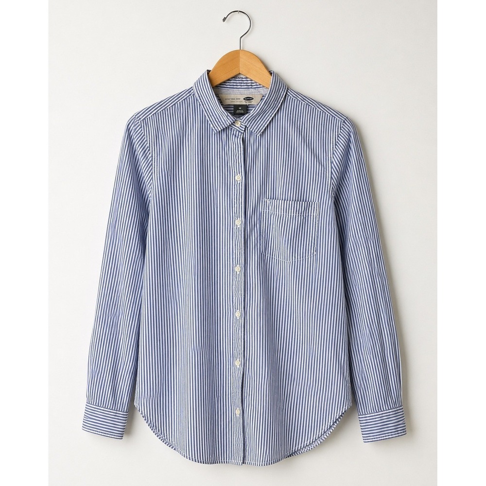 Old Navy The Tunic Shirt Women Medium Blue White Striped Button Down Cotton